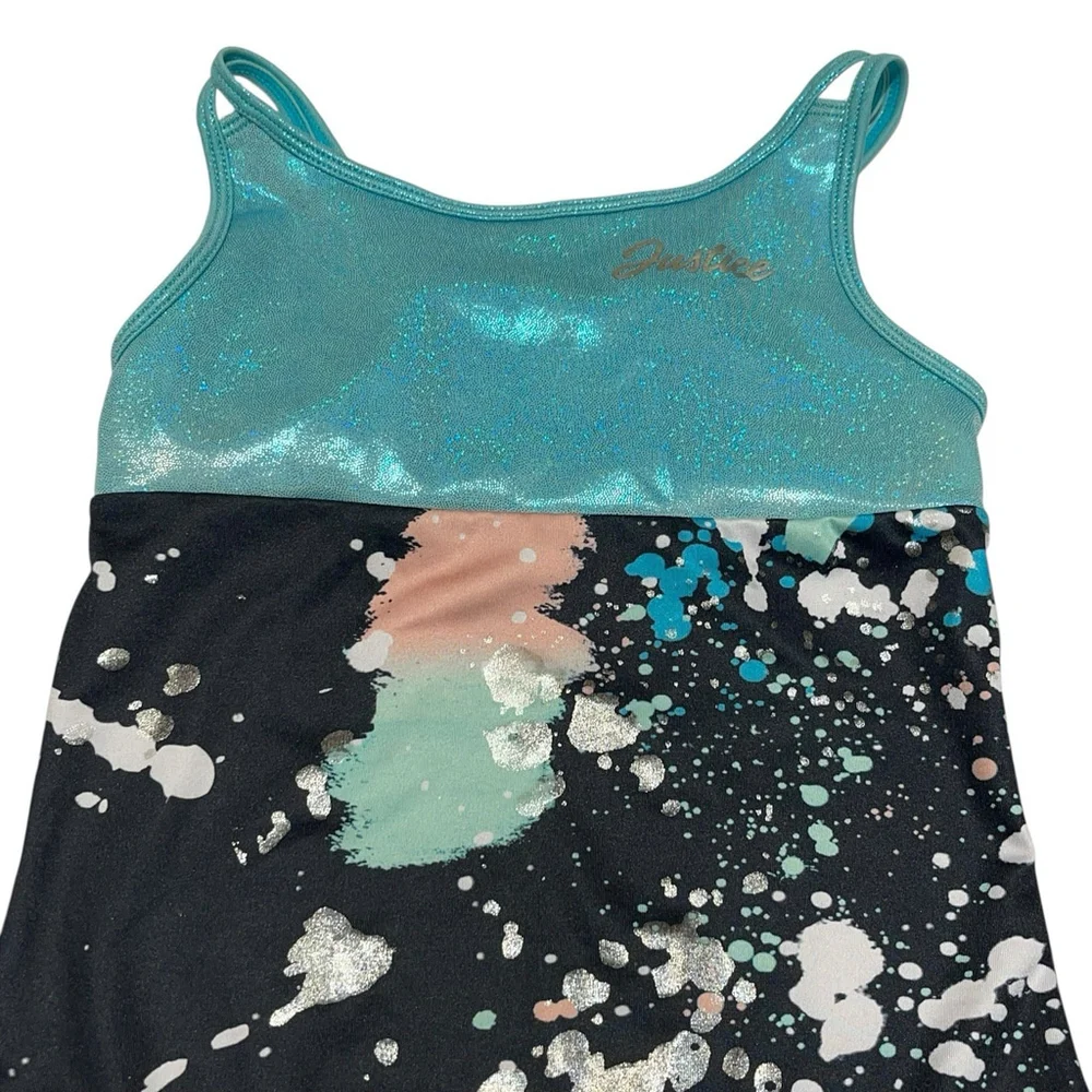 Justice‎ Girls One Piece Dance Leotard Swimsuit Shimmery Blue Black Splatter 7/8